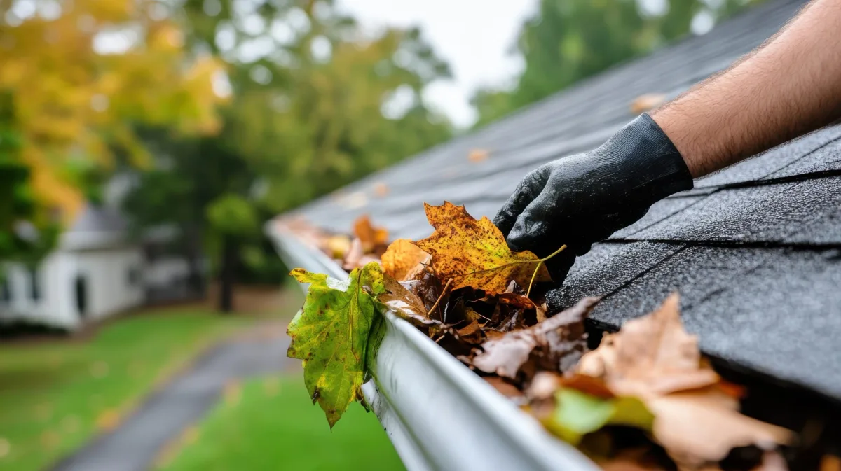 Leaves and debris being cleared by hand from a blocked gutter in Herefordshire